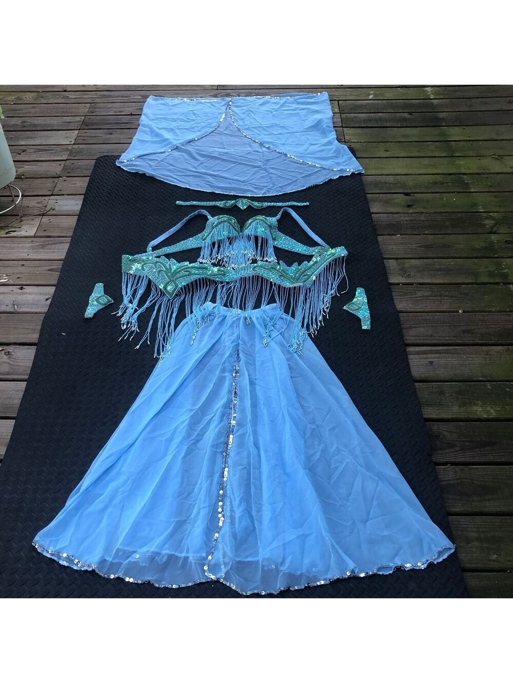 Vintage Blue Sequin Beaded Belly Dance Costume Set